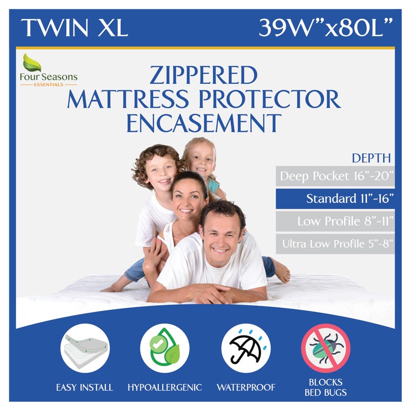 Four Seasons Essentials Twin Extra Long (XL) Mattress Protector Zippered Bed Bug Waterproof Encasement Hypoallergenic Premium Quality Cover Protects Against Dust Allergies White - Image 1